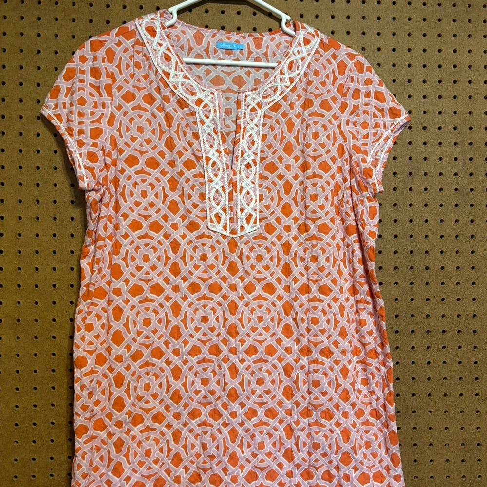 J.McLaughlin Shift Dress L Orange Geometric Lattice Embroidered Preppy Coastal